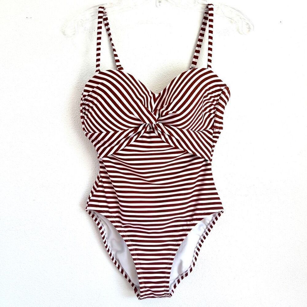 Kona Sol Twist Bandeau One Piece Swimsuit Deep Red and White Stripes Size Small